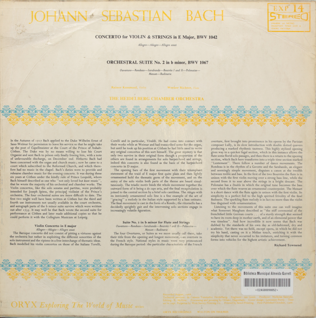 Bach: Violin Concerto in E Major; BWV 1042; Orchestral Suite Nº 2 in b minor, BWV 1067