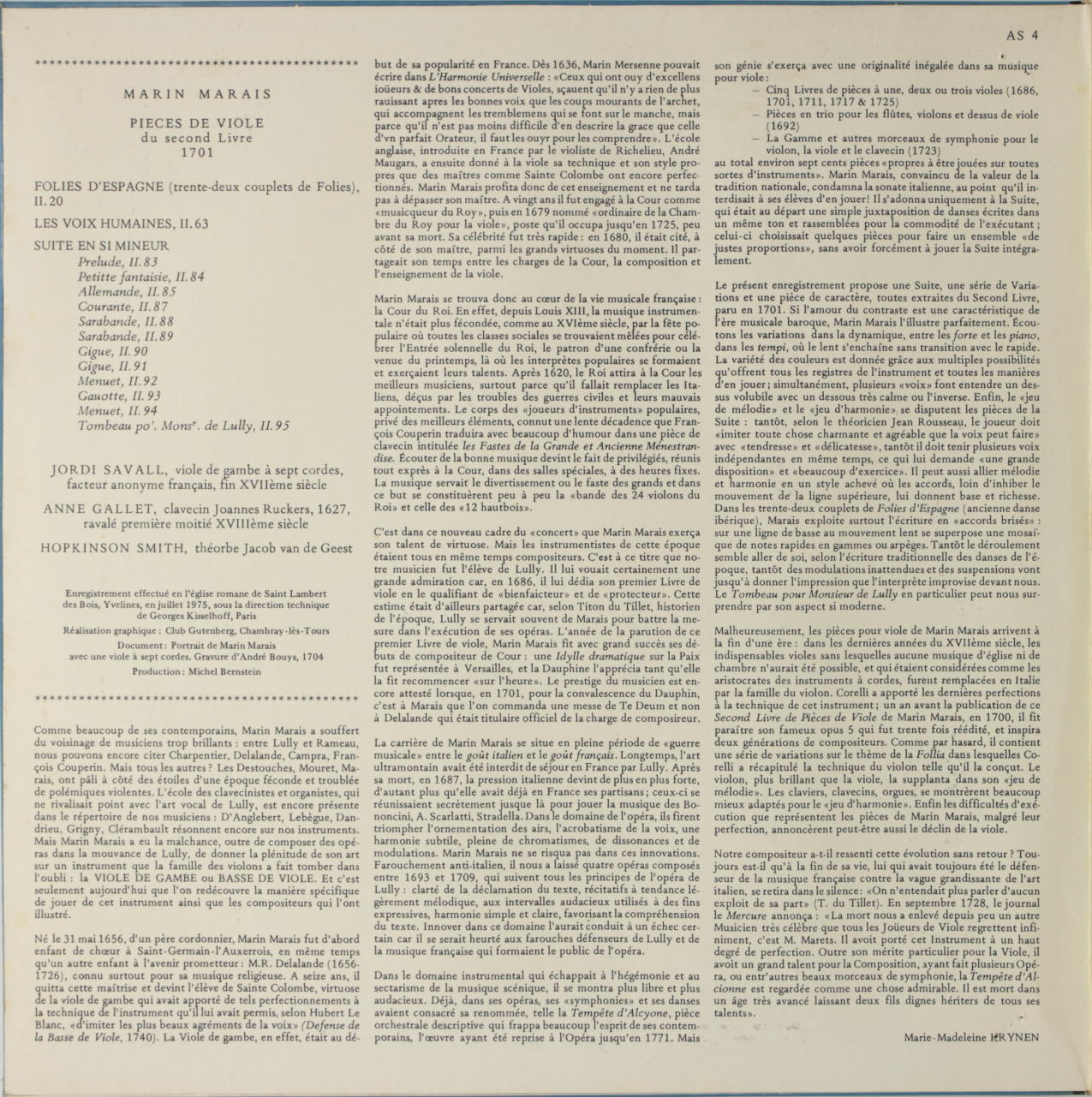 Marais: Pieces de viole du second livre 1701