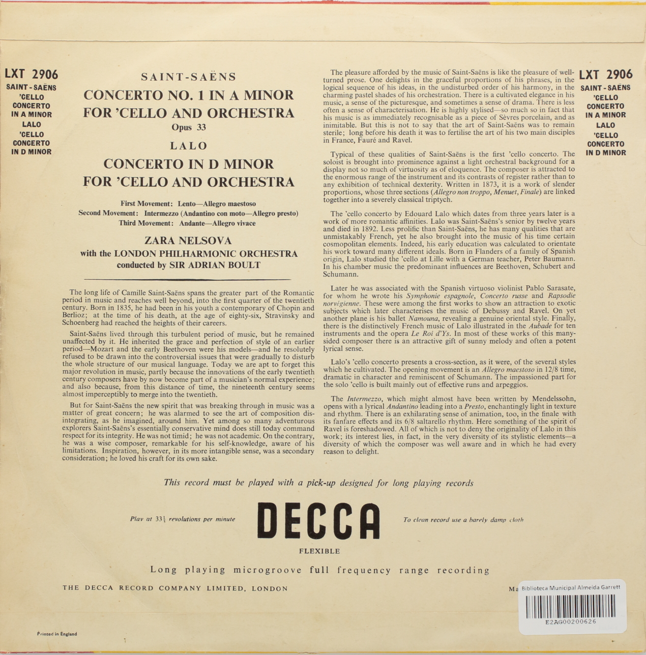 Lalo: Concerto in D minor for Cello and Orchestra / Saint-Saens: Concerto Nº 1 in A minor for Cello