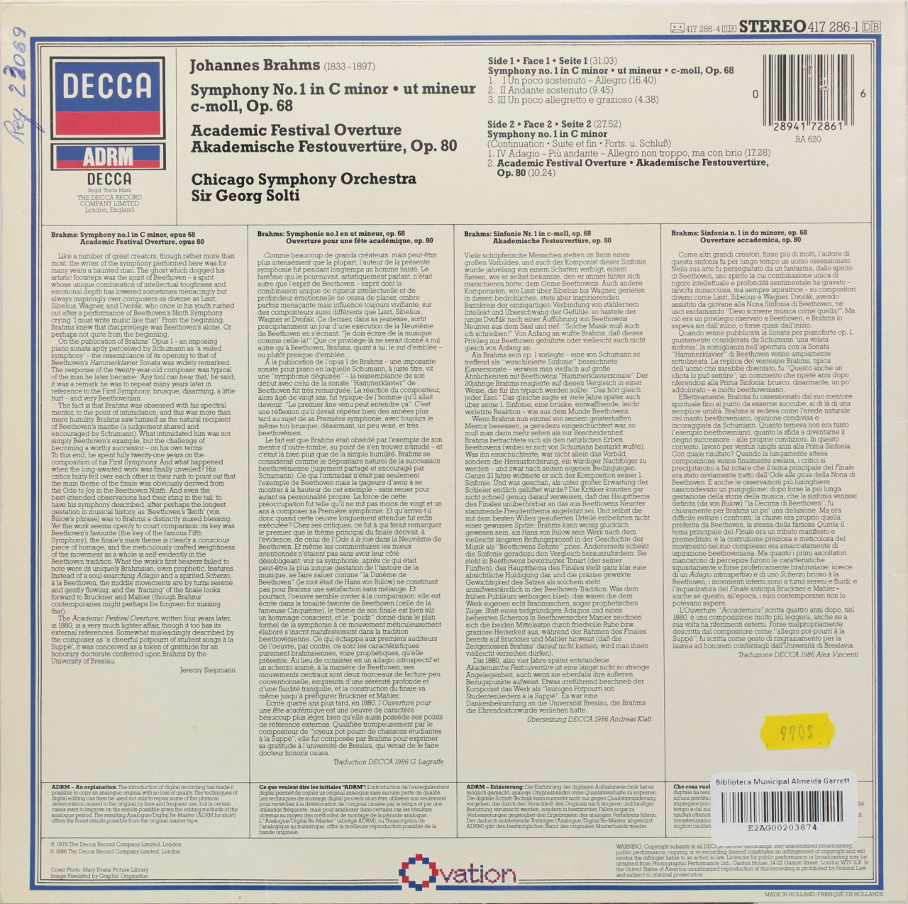 Brahms: Symphony No. 1 in C minor, Op. 68; Academic Festival Overture Op. 80