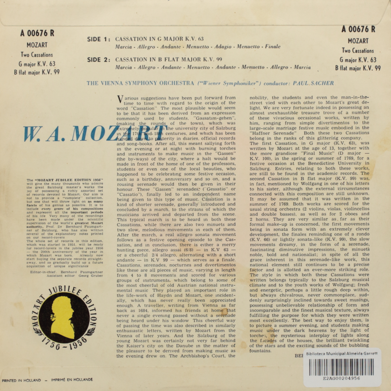 Mozart: Cassation in G major K. V. 63; Cassation in B flat major K. V. 99
