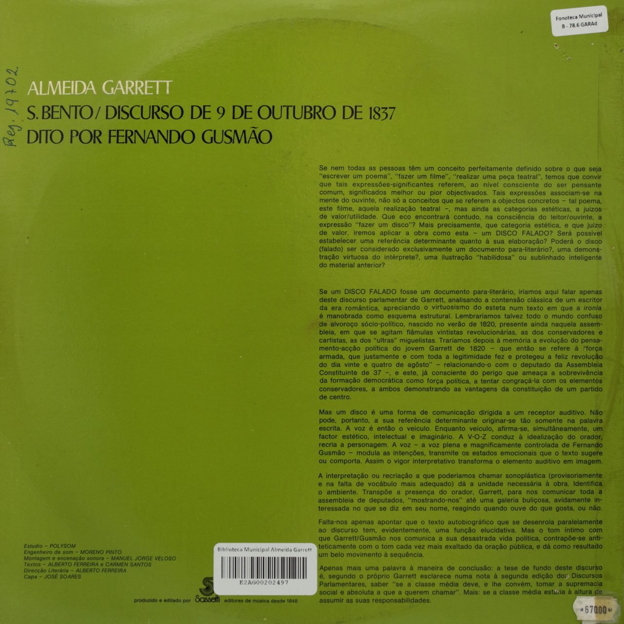 Almeida Garrett: Discursos Parlamentares - 9 de Outubro de 1837
