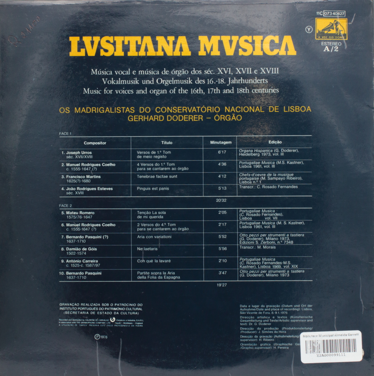 Música vocal e música de órgão dos sec. XVI, XVII e XVIII