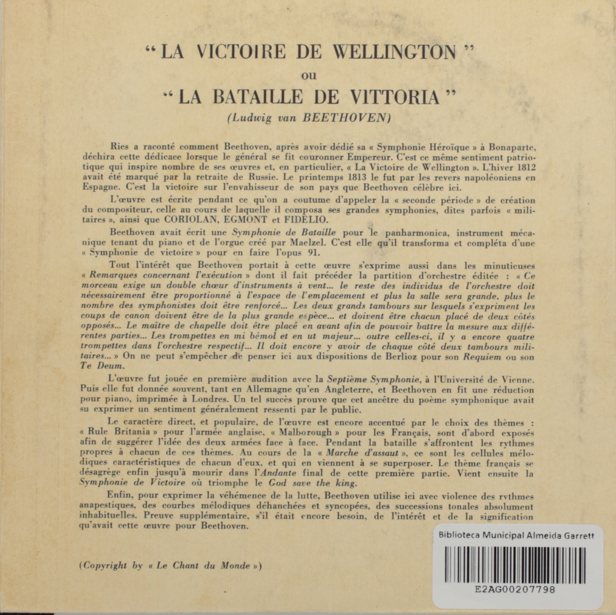 Beethoven: La Victoire de Wellington ou La Bataille de Vittoria - Fantaisie pour Orchestre, Op. 91
