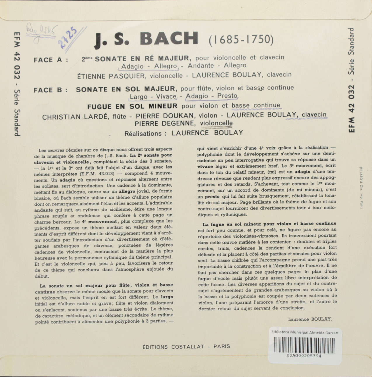 Bach: 2e sonate en Ré majeur; Sonate en Sol majeur; Fugue en Sol mineur
