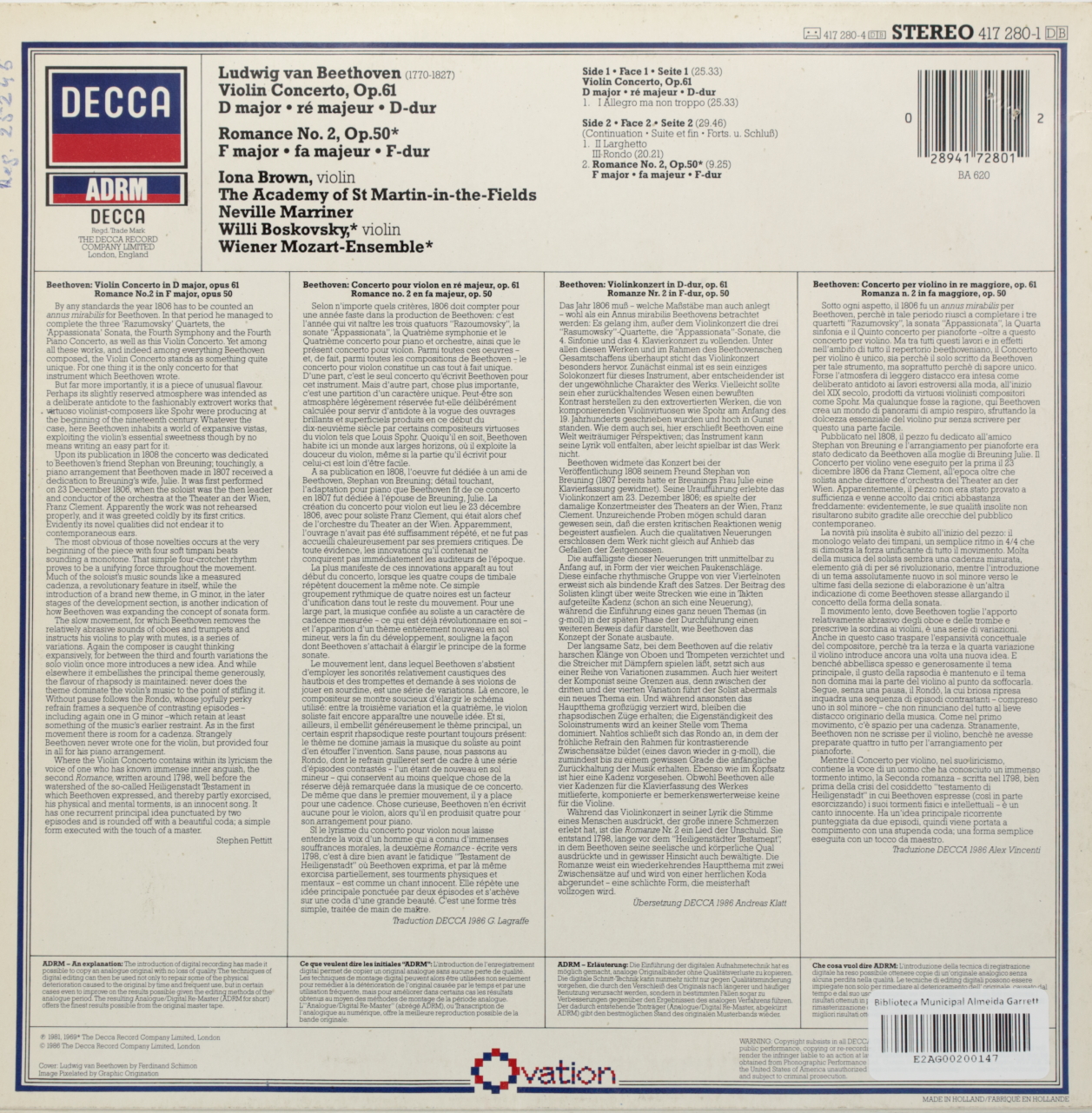 Beethoven: Violin Concerto; Romance Nº 2