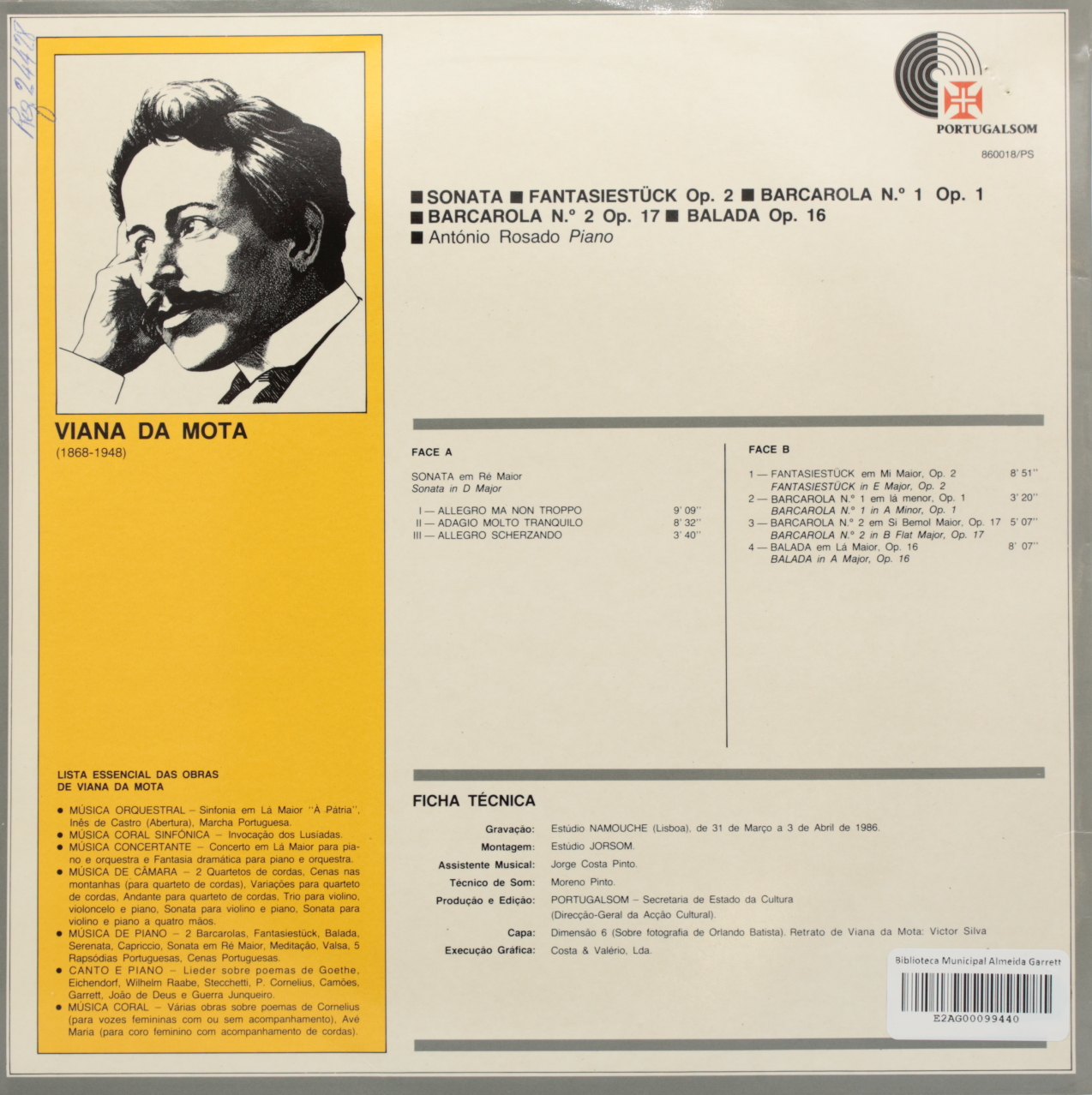 Vianna da Motta: Sonata; Fantasiestück Op. 2; Barcarola Nº 1 Op. 1; Barcarola Nº2 Op. 17; Balada 