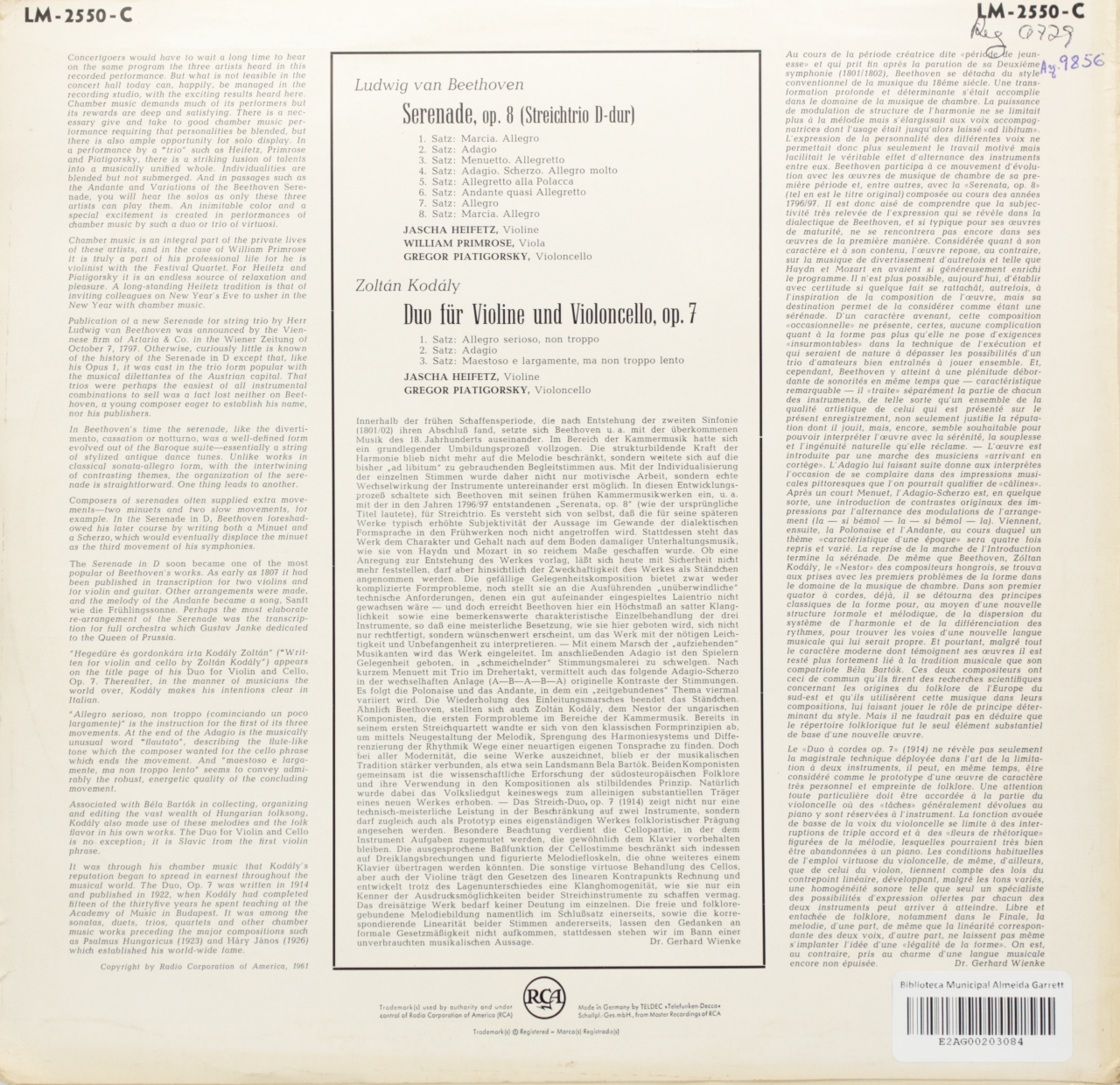 Beethoven: Serenade Opus 8 / Kodály: Duo for Violin and Cello