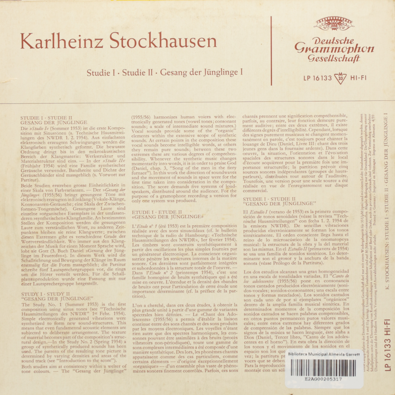 Stockhausen: Studie I; Studie II; Gesang der Jünglinge I