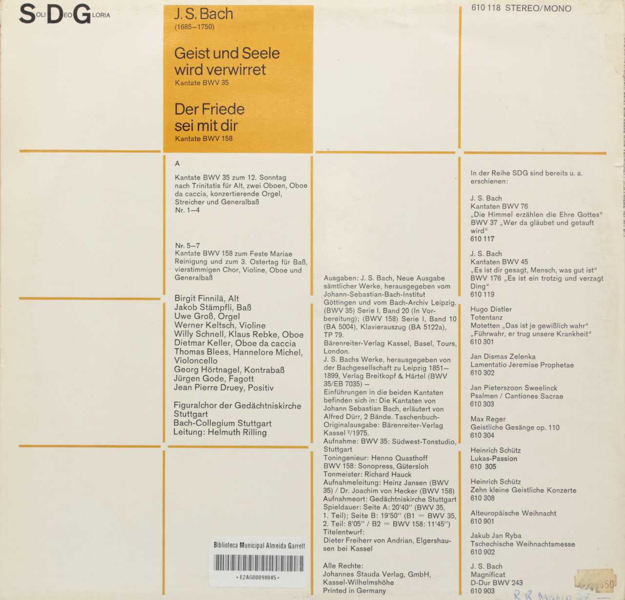 Bach: Geist und Seele wird verwirret Kantate BWV 35; Der Friede sei mit dir Kantate BWV 158