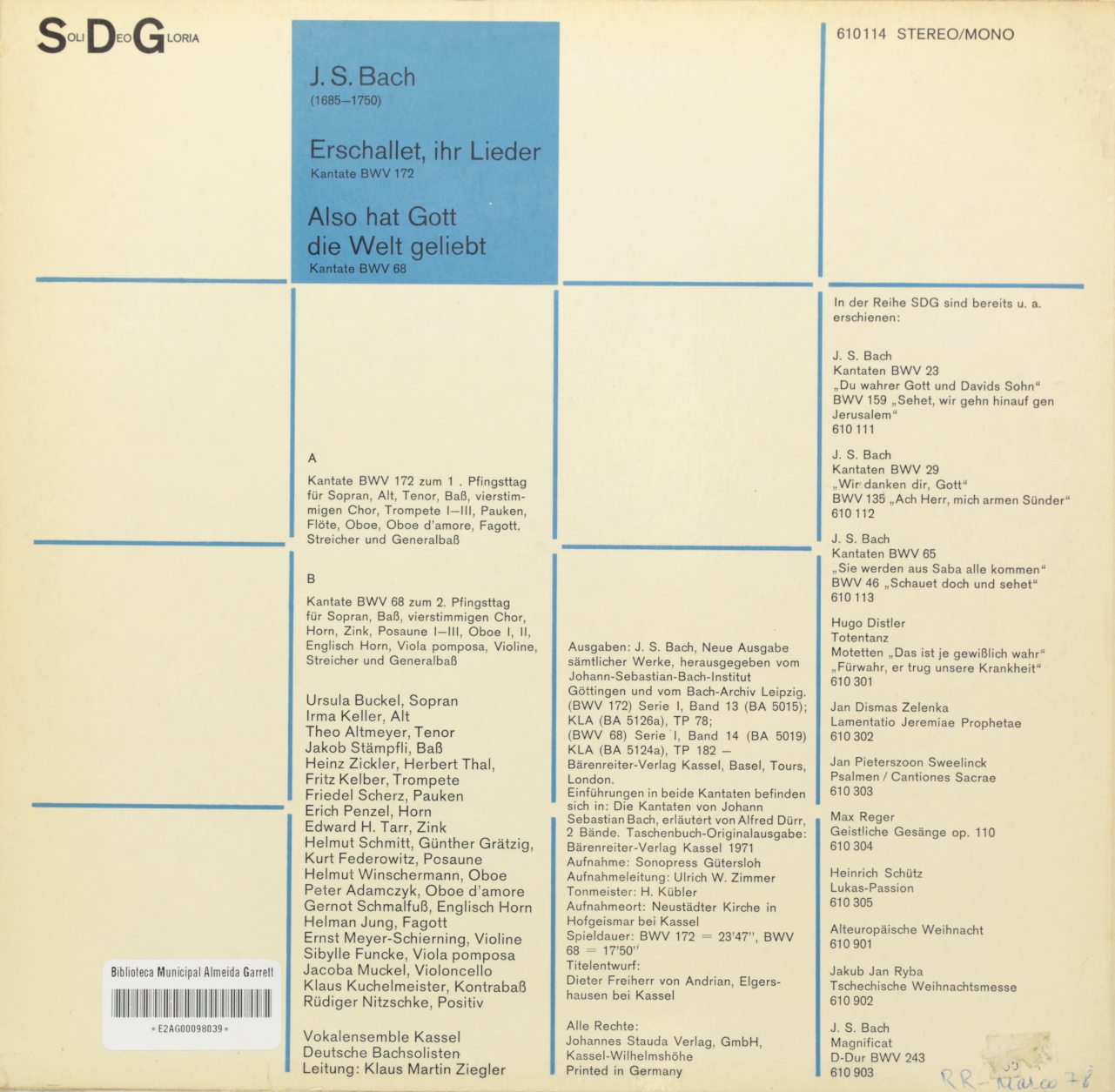 Bach: Erschallet ihr Lieder Kantate BWV 172; Also hat Gott die Welt geliebt Kantate BWV 68
