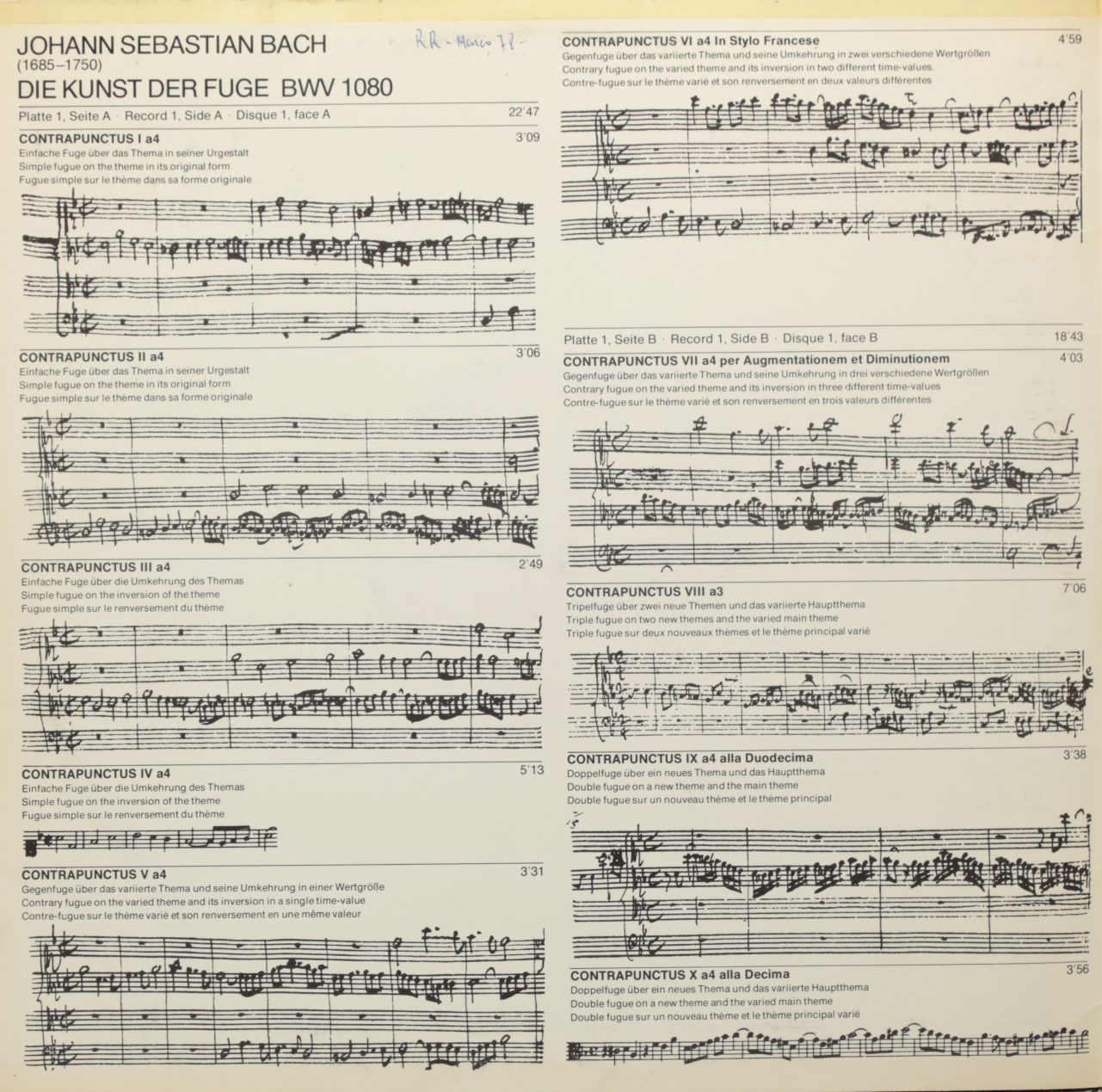 Bach: Die Kunste der Fuge BWV 1080