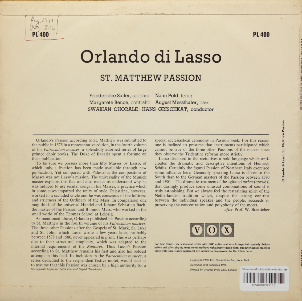 Lasso: St. Matthew Passion