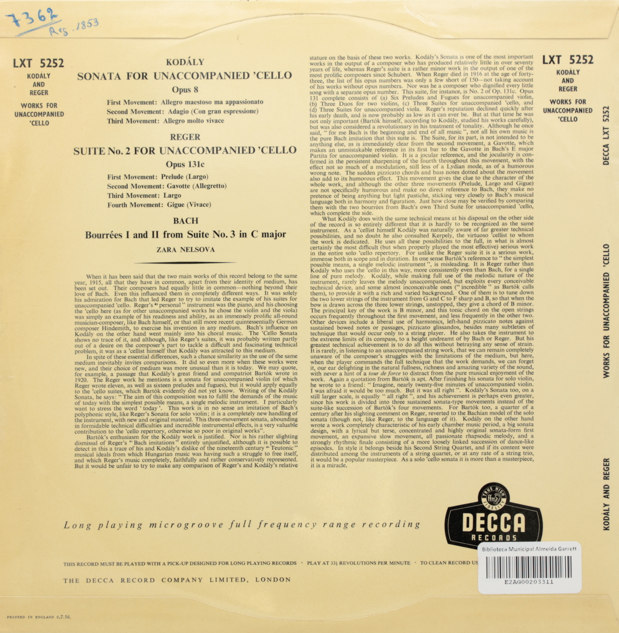Kodály: Sonata for Unaccompanied Cello Opus 8 / Reger: Suite No. 2 for Unaccompained Cello Opus 1