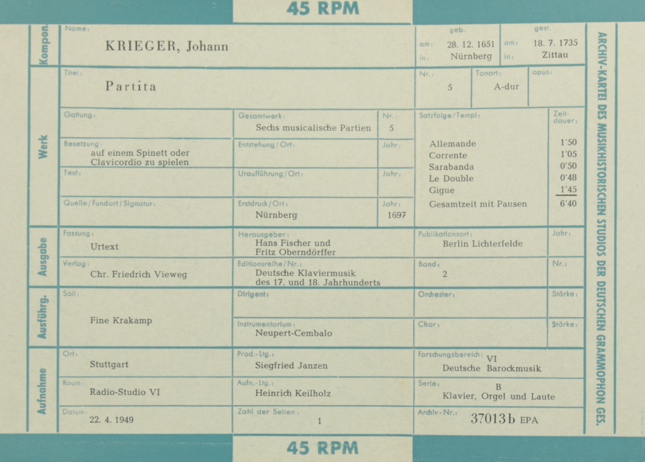 Buxtehude: Suite Nr. 1 C-dur / Krieger: Partita Nr. 5 A-dur