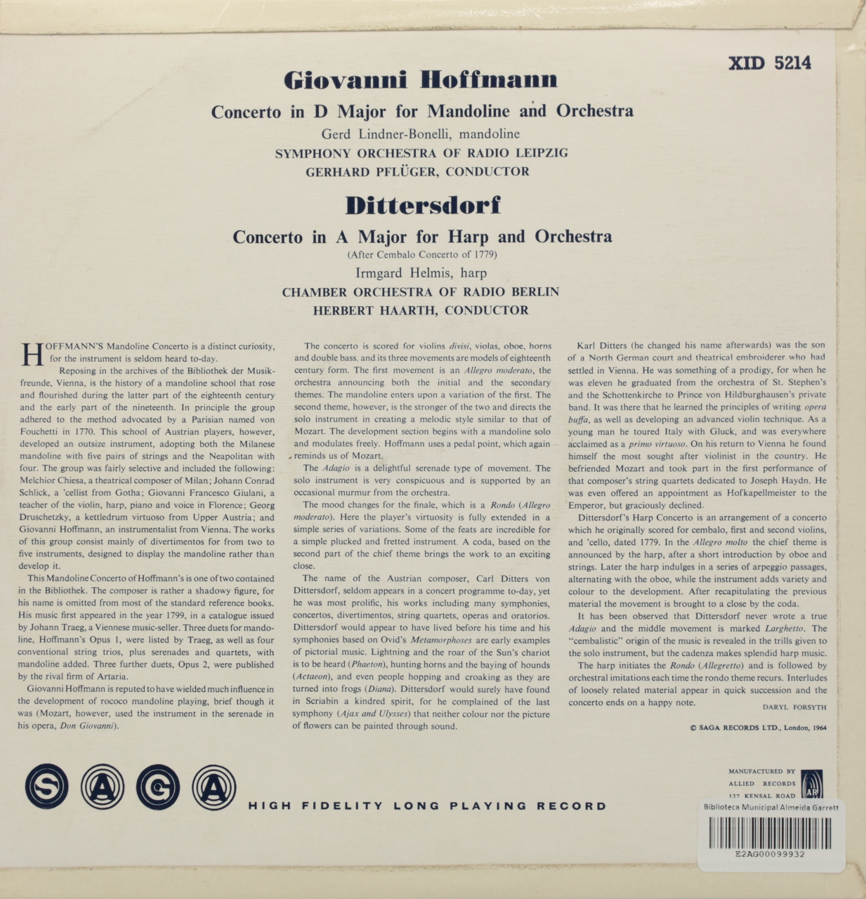 Hoffmann: Concerto for Mandoline and Orchestra / Dittersdorf: Concerto for Harp and Orchestra