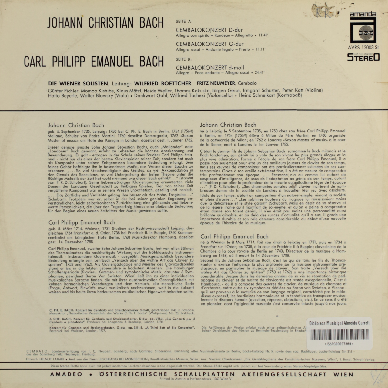 Bach, JC: Cembalokonzert D-dur; Cembalokonzert G-dur / Bach, CPE: Cembalokonzert d-moll