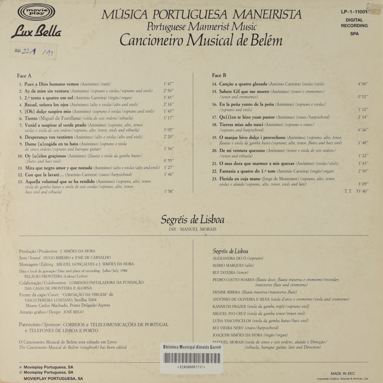 Música portuguesa maneirista - Cancioneiro musical de Belém