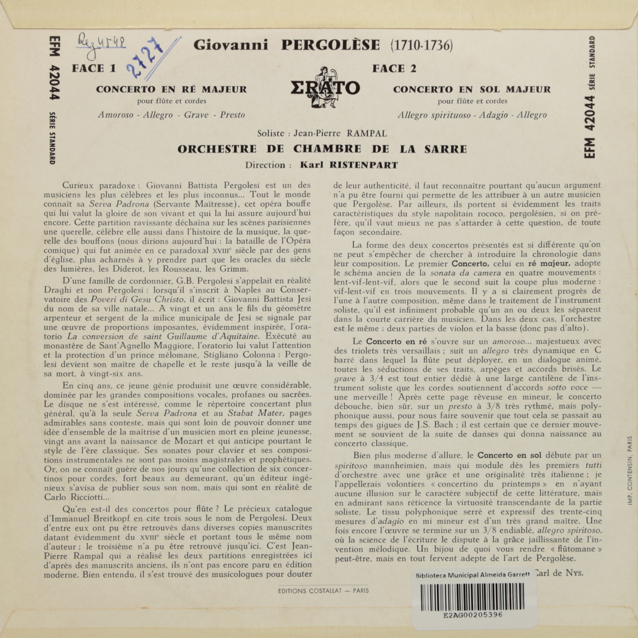 Pergolesi: Concerto pour flute en sol; Concert pour flute en ré