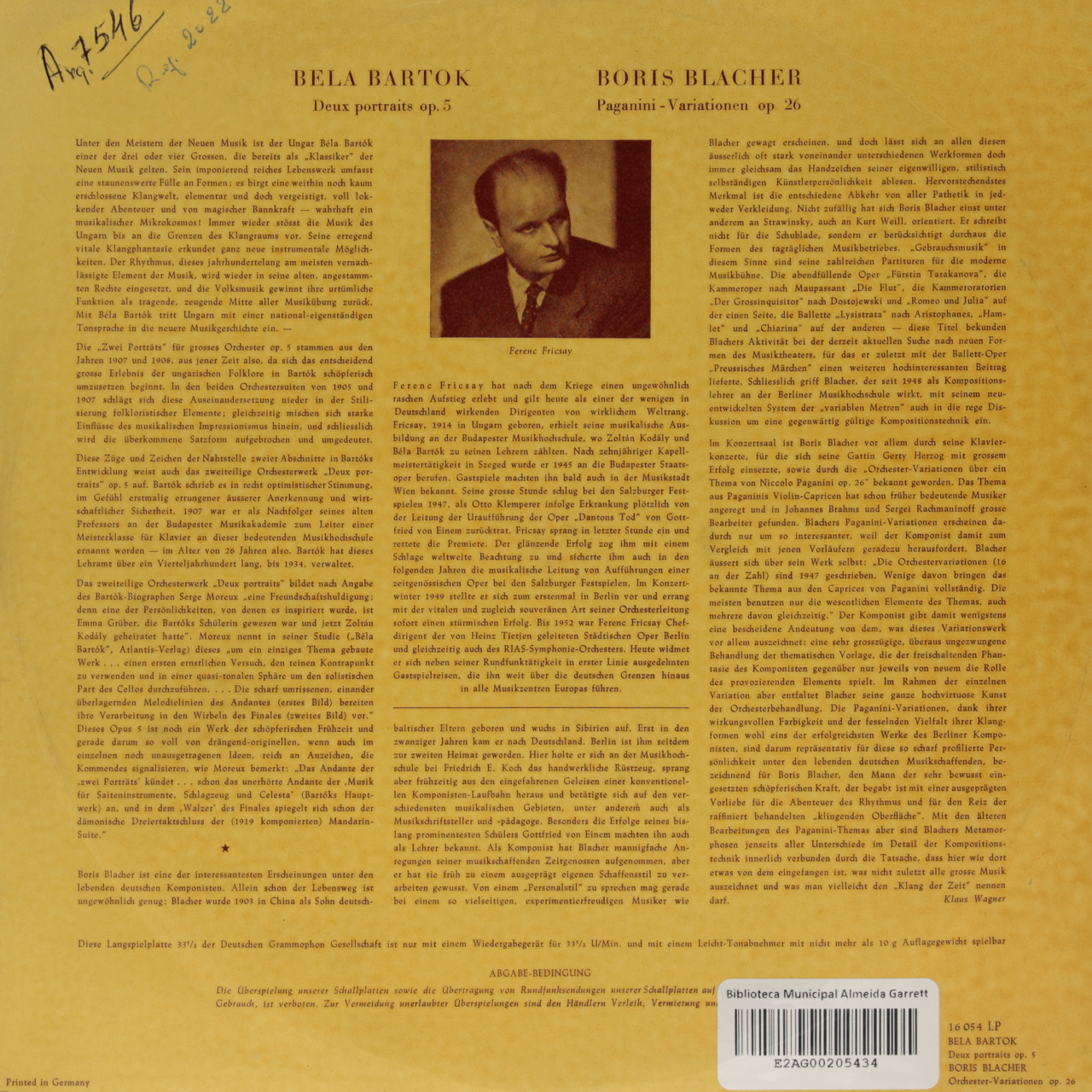 Bartok: Deux Portraits op. 5 / Blacher: Orchester-Variationen über ein Thema von Paganini op. 26